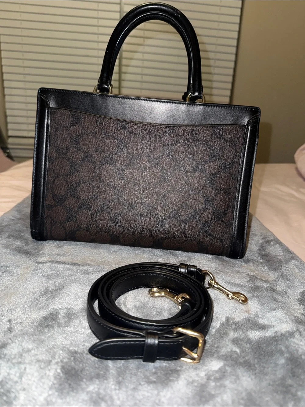 Coach Brown Signature Satchel with Black Leather Trim and Gold Hardware
